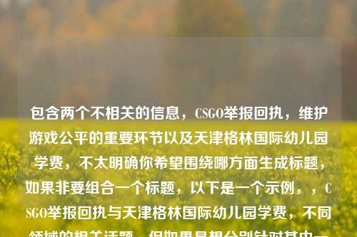 包含两个不相关的信息，CSGO举报回执，维护游戏公平的重要环节以及天津格林国际幼儿园学费，不太明确你希望围绕哪方面生成标题，如果非要组合一个标题，以下是一个示例，，CSGO举报回执与天津格林国际幼儿园学费，不同领域的相关话题，但如果是想分别针对其中一个生成标题，比如针对CSGO举报回执可生成，CSGO举报回执，游戏公平维护的关键所在 ；针对天津格林国际幼儿园学费可生成，天津格林国际幼儿园学费详情 。你可以根据实际需求选择或进一步明确需求让我更精准创作 。