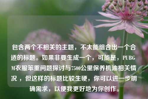 包含两个不相关的主题，不太能组合出一个合适的标题。如果非要生成一个，可能是，PUBG M衣服笨重问题探讨与7500公里保养机油相关情况 ，但这样的标题比较生硬，你可以进一步明确需求，以便我更好地为你创作。